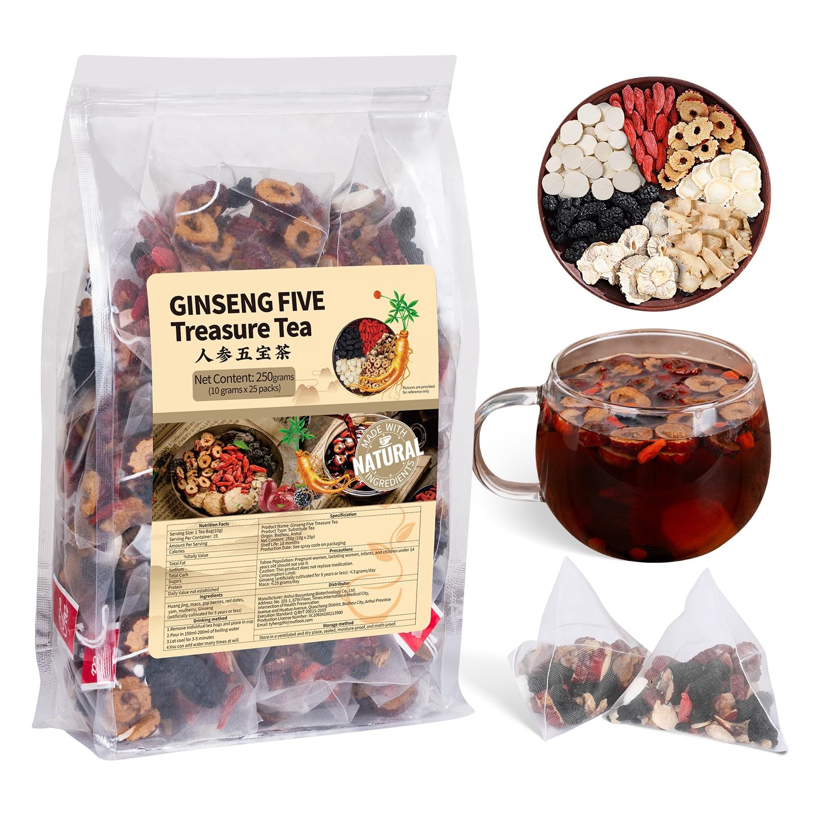 Ginseng Five Treasures Kidney Tea, Traditional Chinese Herbal TeaBags, Natura…
