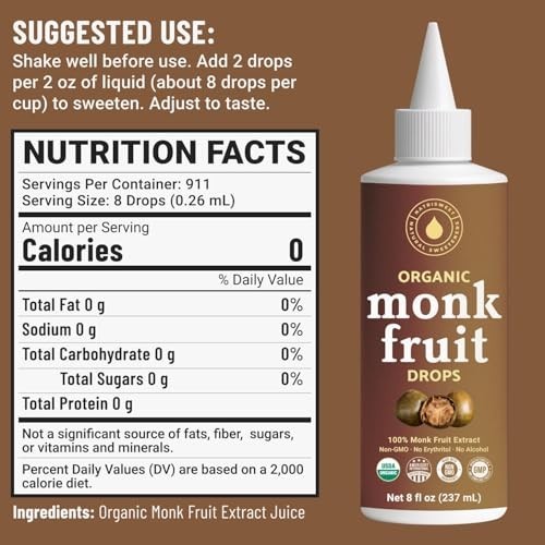 Organic Monk Fruit Liquid Sweetener Drops, 100% Pure Extract, Zero Sugar & No…