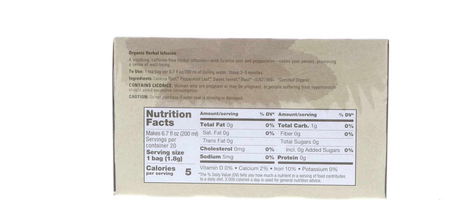 20 Count Organic Caffeine Free Herbal Tea Blend with Licorice and Peppermint