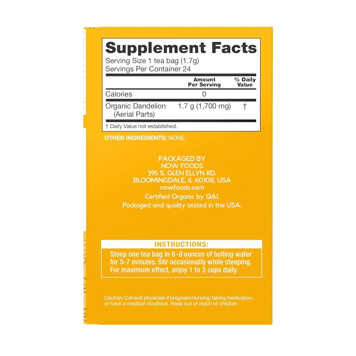 NOW Foods, Certified Organic Dandelion Traditional Cleansing Herbal Tea, Caffein