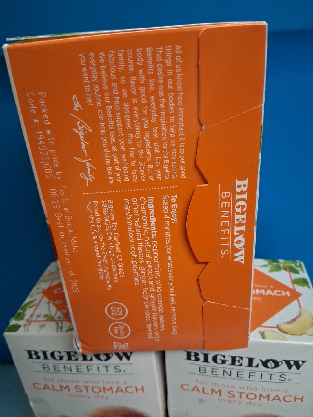 3 Pack, TEA CALM STOMACH GINGER & PEACH Herbal TEA Bigelow Benefits 18×3=52 bags