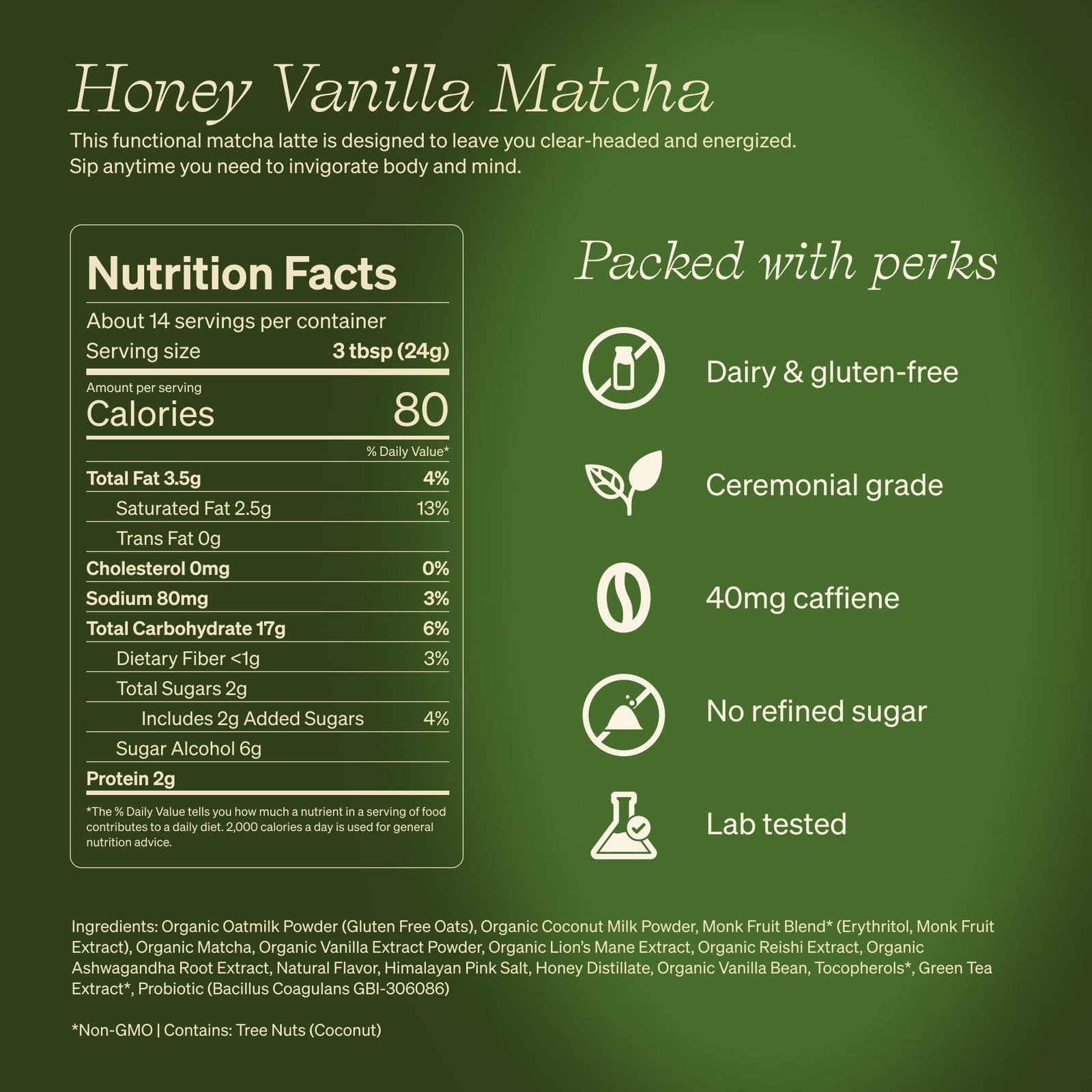 Honey Vanilla Matcha SuperLatte, Instant Ceremonial Grade, Superfood Powder B…