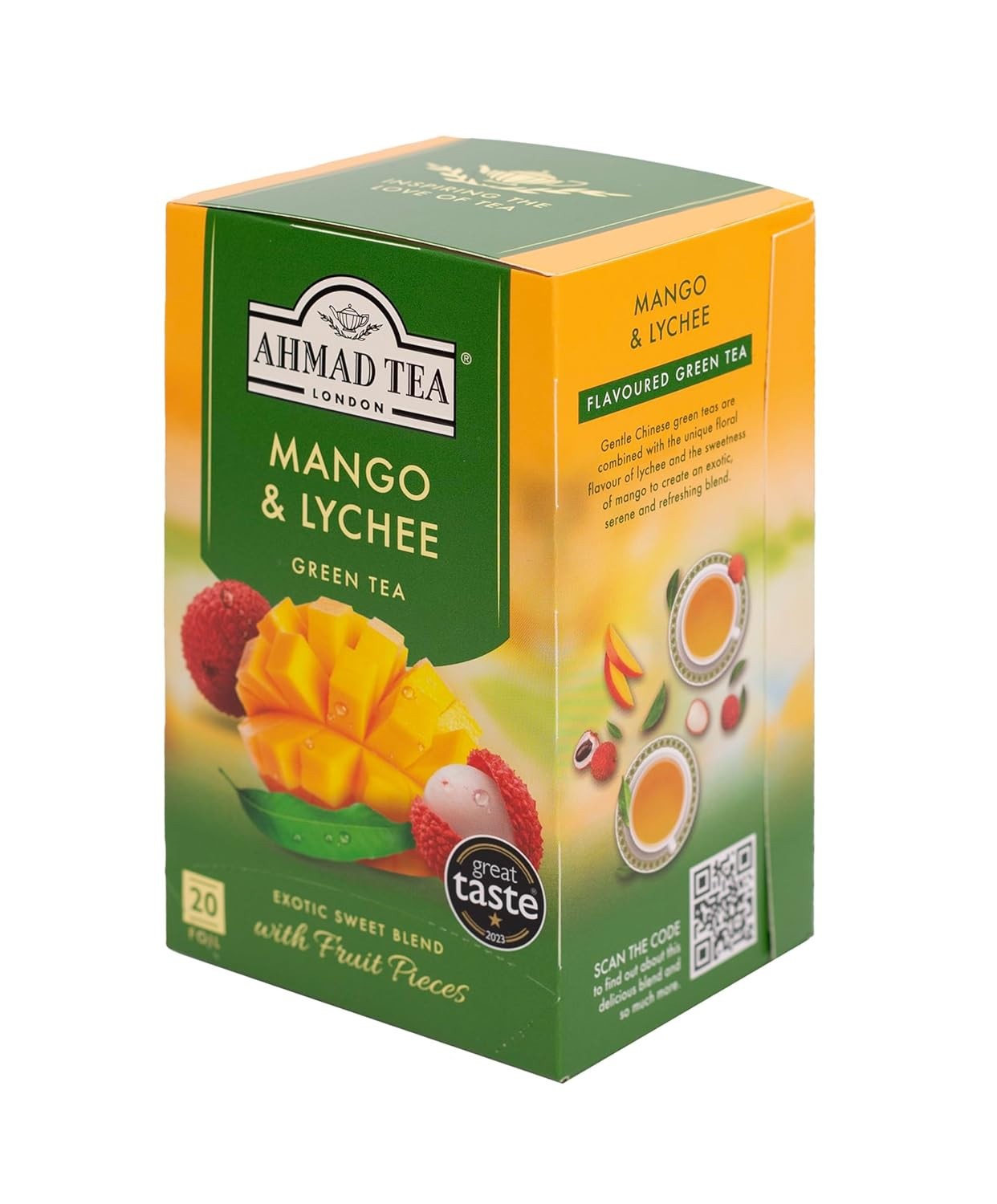 AHMAD TEA Mango & Lychee Green Tea with Fruit Pieces 20 Tea Bags