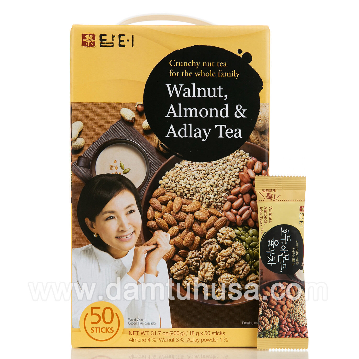 DAMTUH Natural Walnut Almond Adlay Powder Tea 50 Sticks x 1 Box, Korean Tea