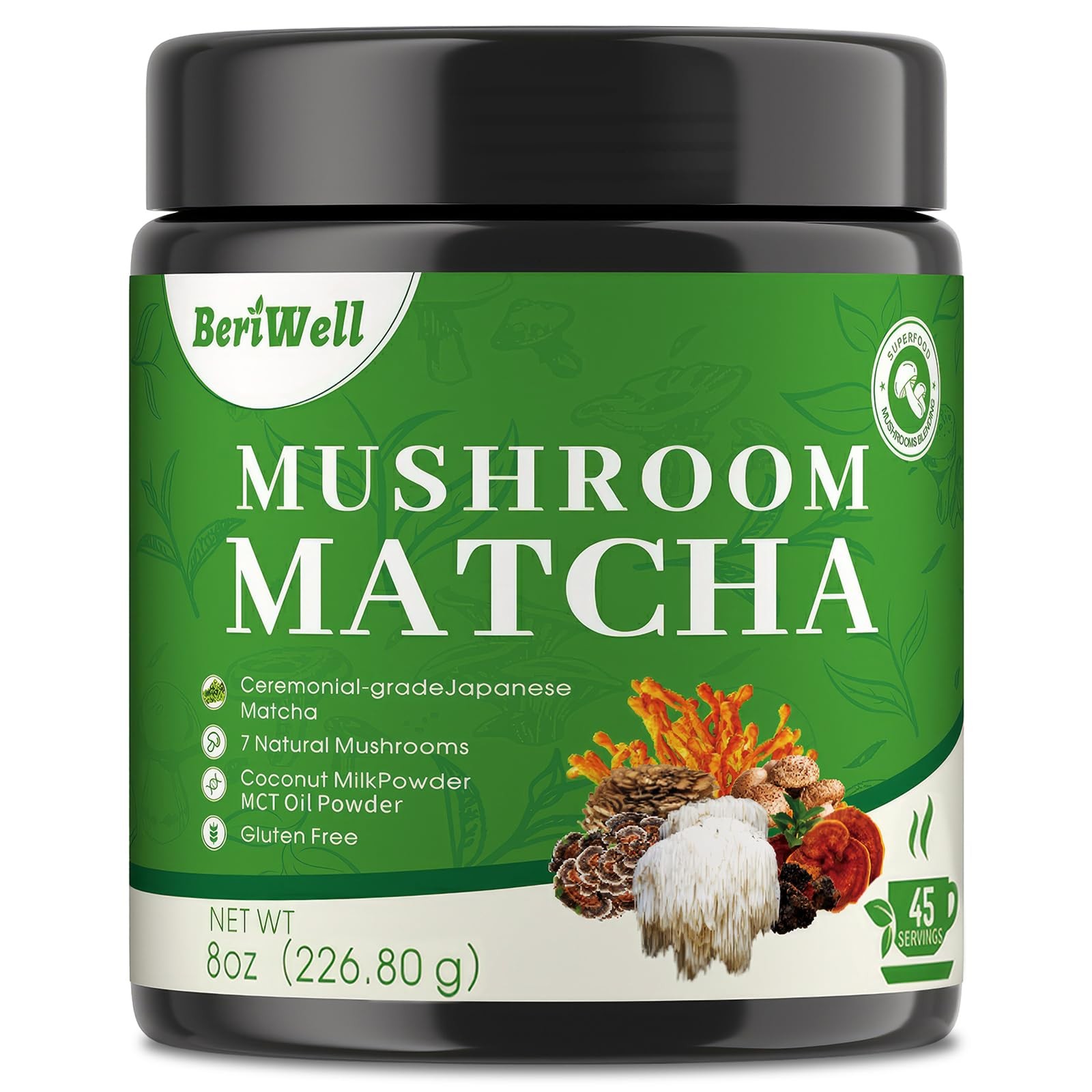 Mushroom Matcha Powder, Japanese Ceremonial Matcha Infused With 7 Superfood M…