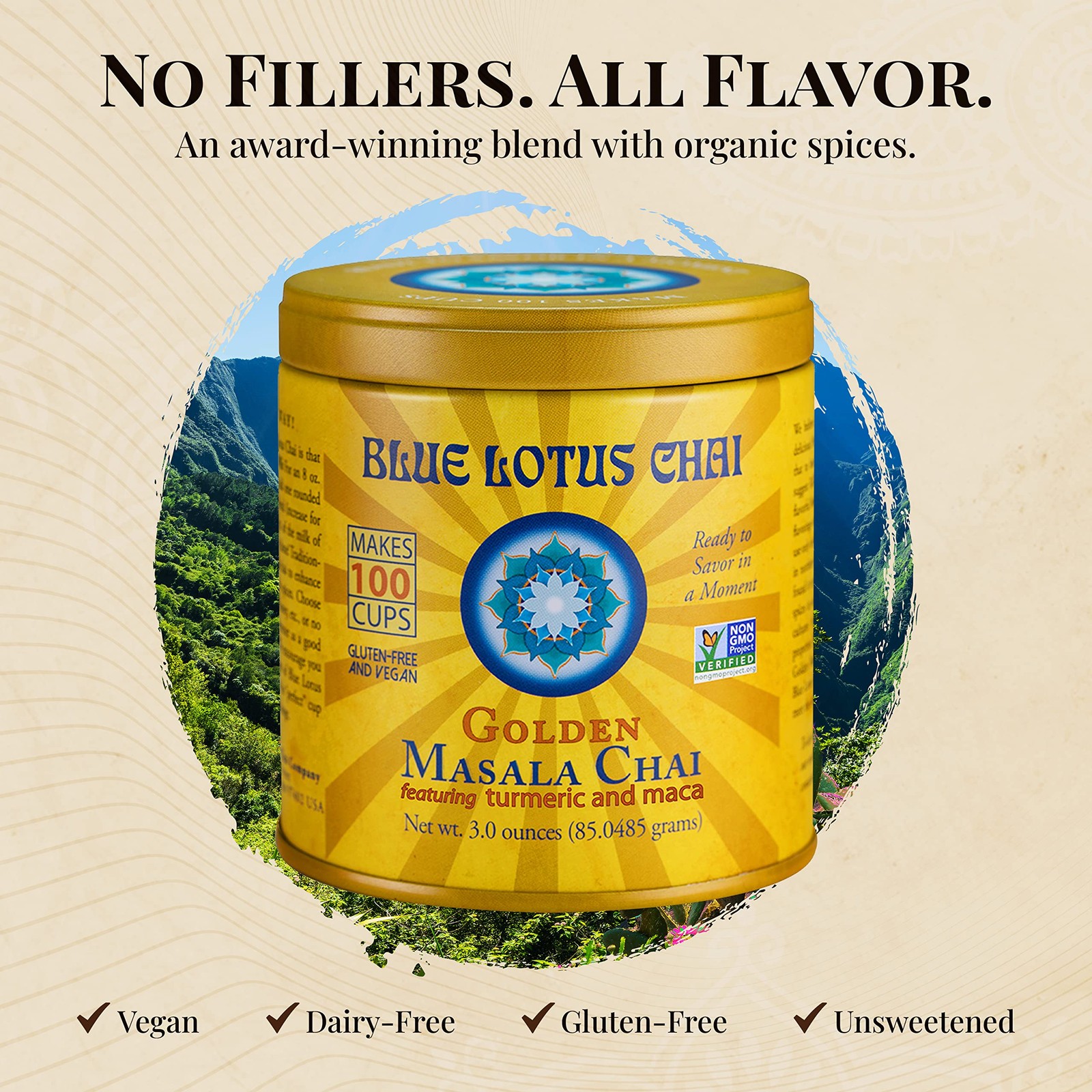 Blue Lotus Chai – Golden Masala Flavor Chai – Makes 100 Cups – 3 Ounce Masala