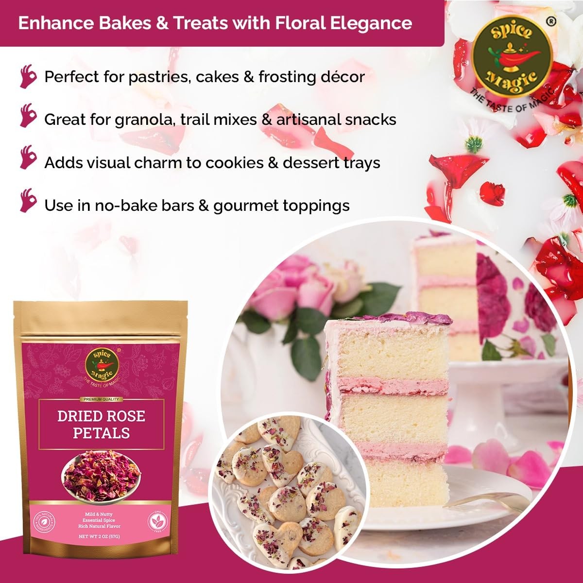 Spice Magic Dried Rose Petals | 100% Natural & Edible Rose Petals I Perfect f…