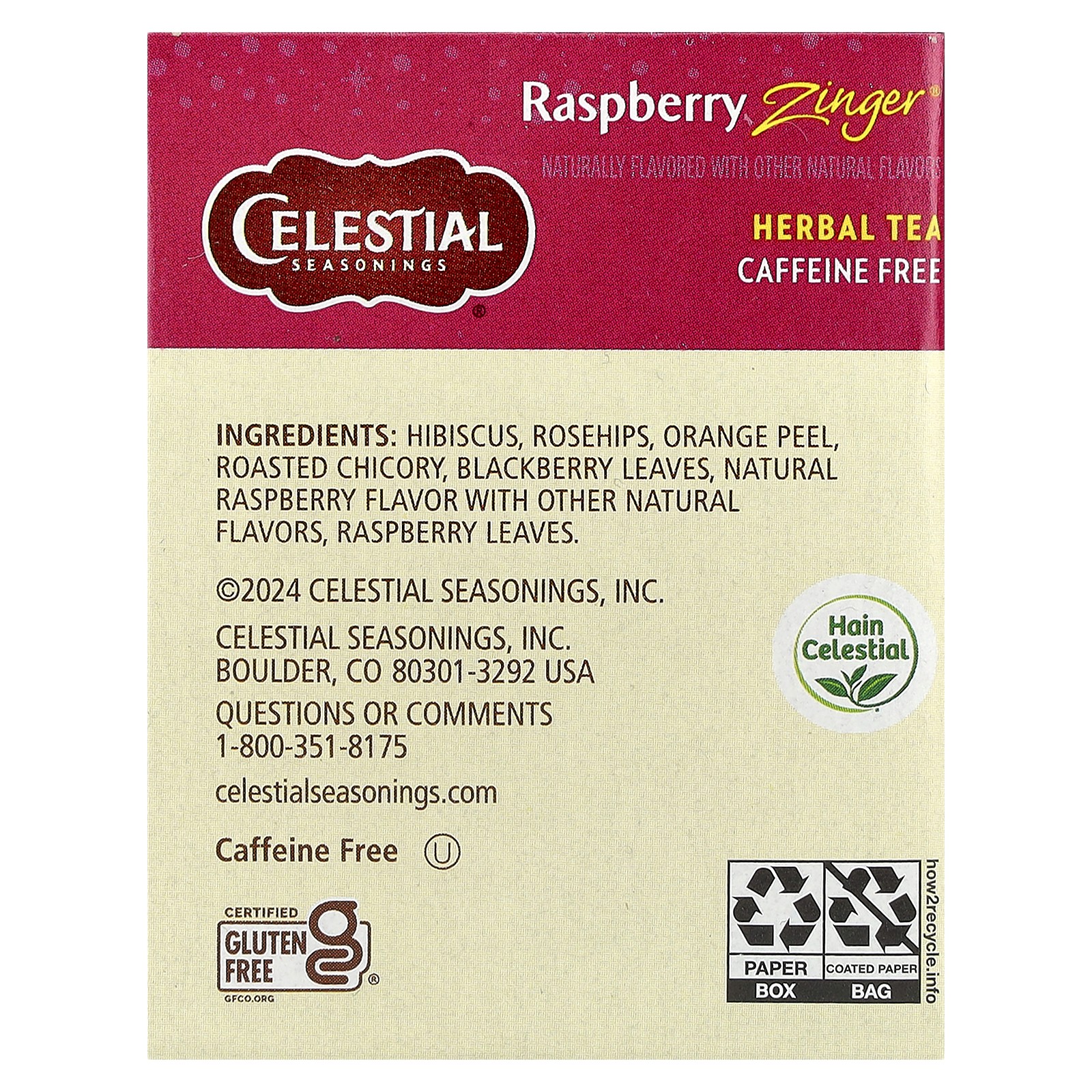 Herbal Tea, Raspberry Zinger®, Caffeine Free, 20 Tea Bags, 1.6 oz (45 g)