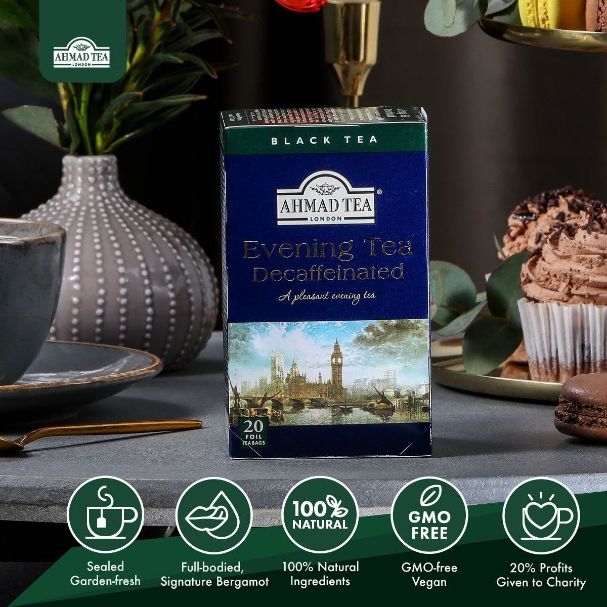 Ahmad Tea London Decaffeinated Evening Black Tea | 2 Boxes (40 Foil Teabags)