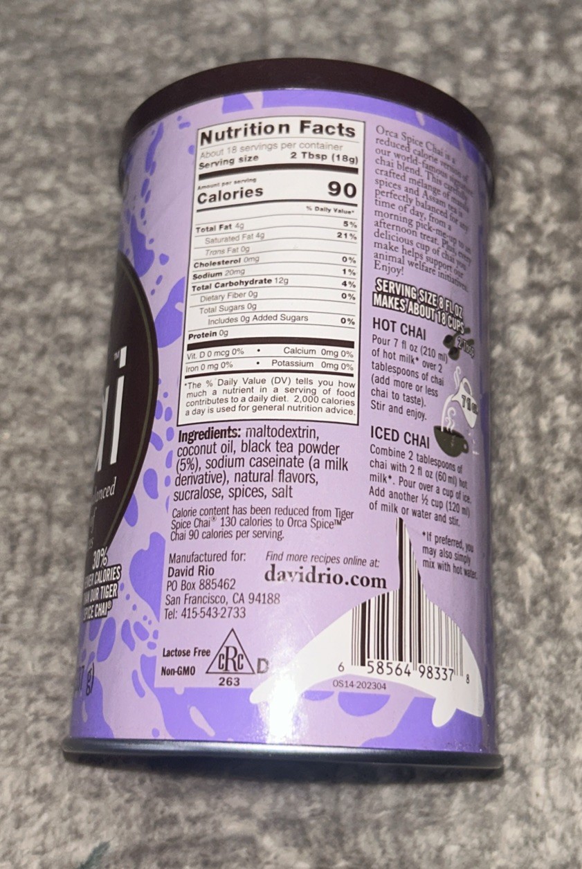 David & Rio ~ Orca Spice Chai ~ Black/Masala Spices ~ 11.9 Oz ~ Exp.04/2027