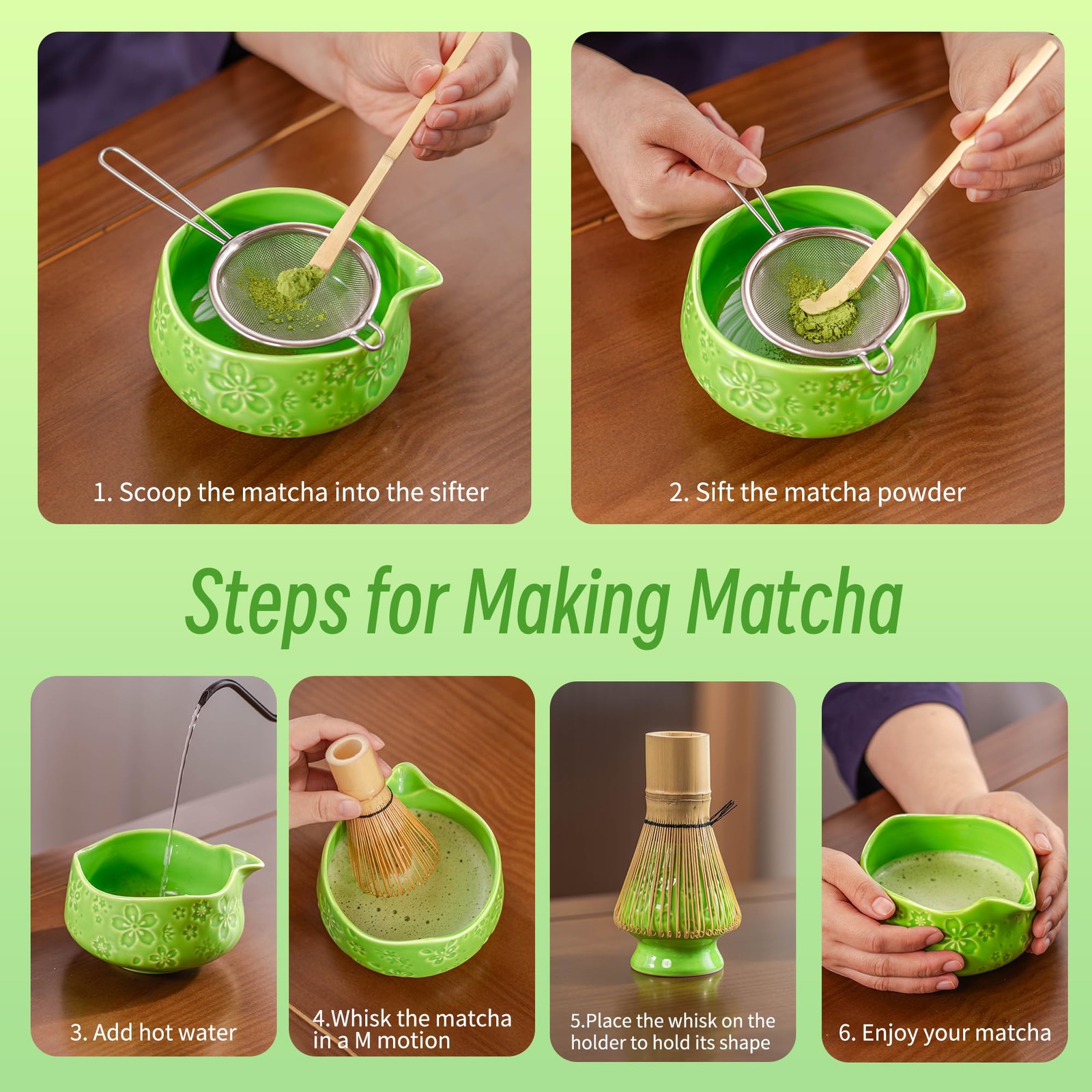 7-PCS Green Matcha Whisk Set, Complete Ceremony Start Kit, Ceramic Chawan Bow…