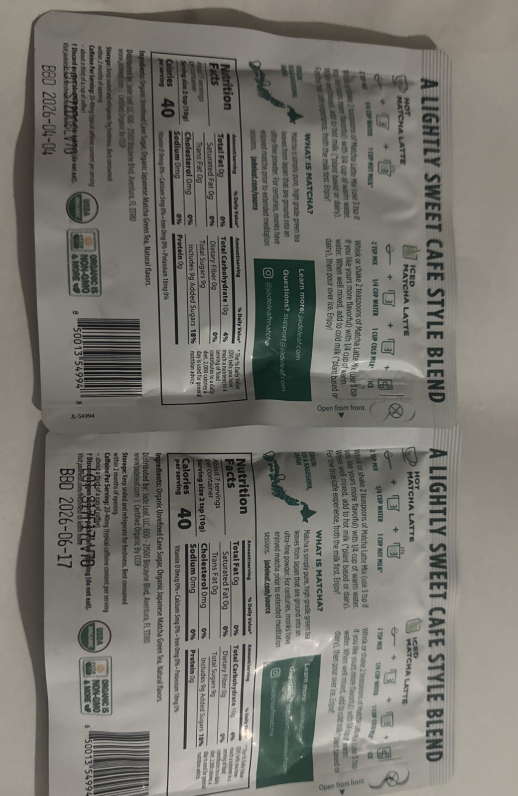 NEW (2) Jade Leaf VANILLA MATCHA LATTE Organic Cafe Mix 2.5 Oz Dairy Free Plant