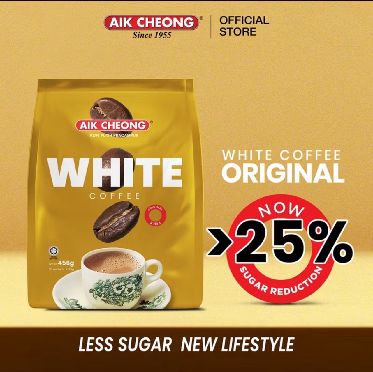 AIK CHEONG White Coffee 3in1 456g (38gm x 12 sticks) – Original