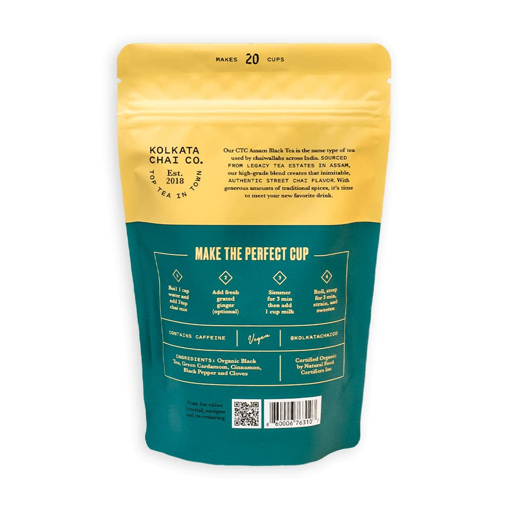 Kolkata Chai Signature Masala Chai Mix, 100% Organic Black Tea, Makes 20 Cups, P