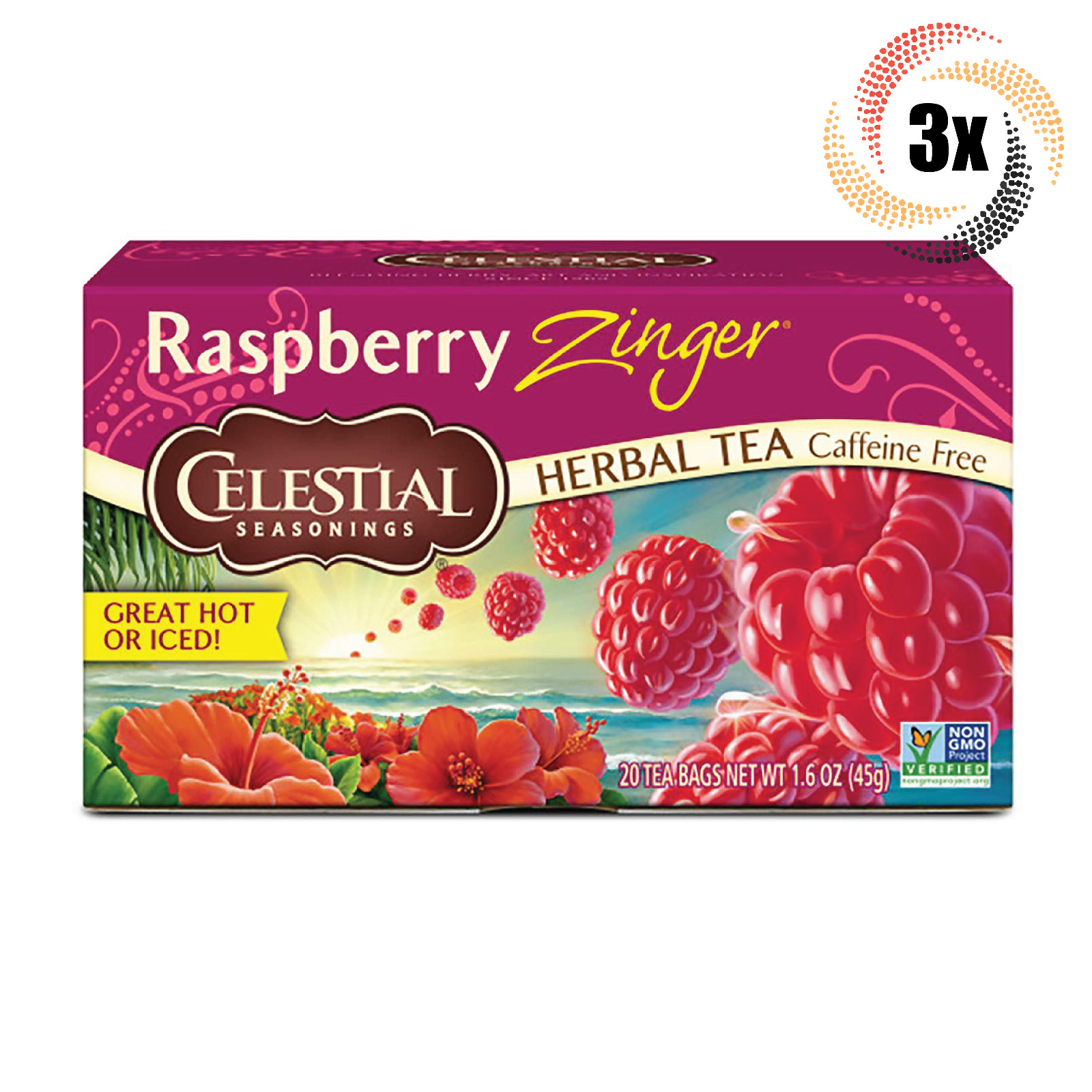 3x Boxes Celestial Seasonings Raspberry Zinger Herbal Tea | 20 Bags Each | 1.6oz