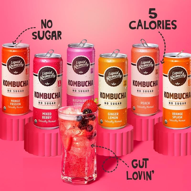 Liquid Remedy Kombucha Sugar Free Organic Drink – Super Sampler,8.5 FlOz,24-Pack