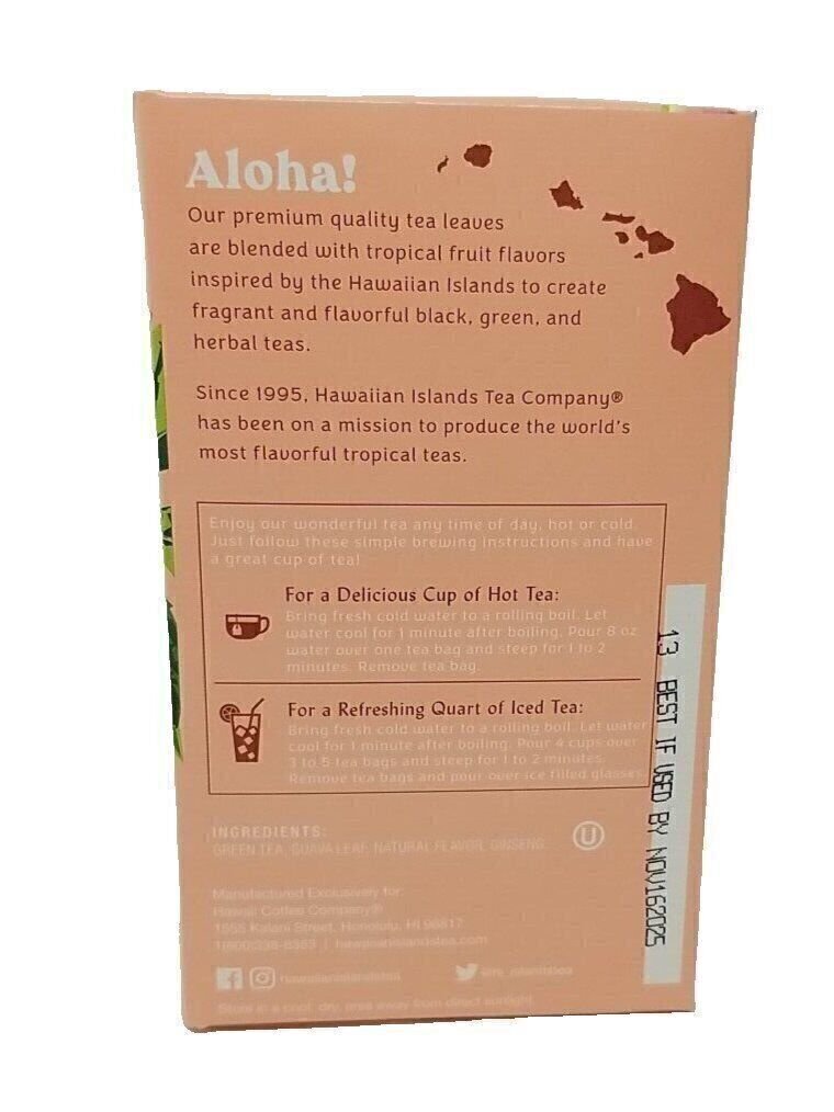 Hawaiian Islands Guava Ginseng Tropical Green Tea, All Natural – 20 Teabags
