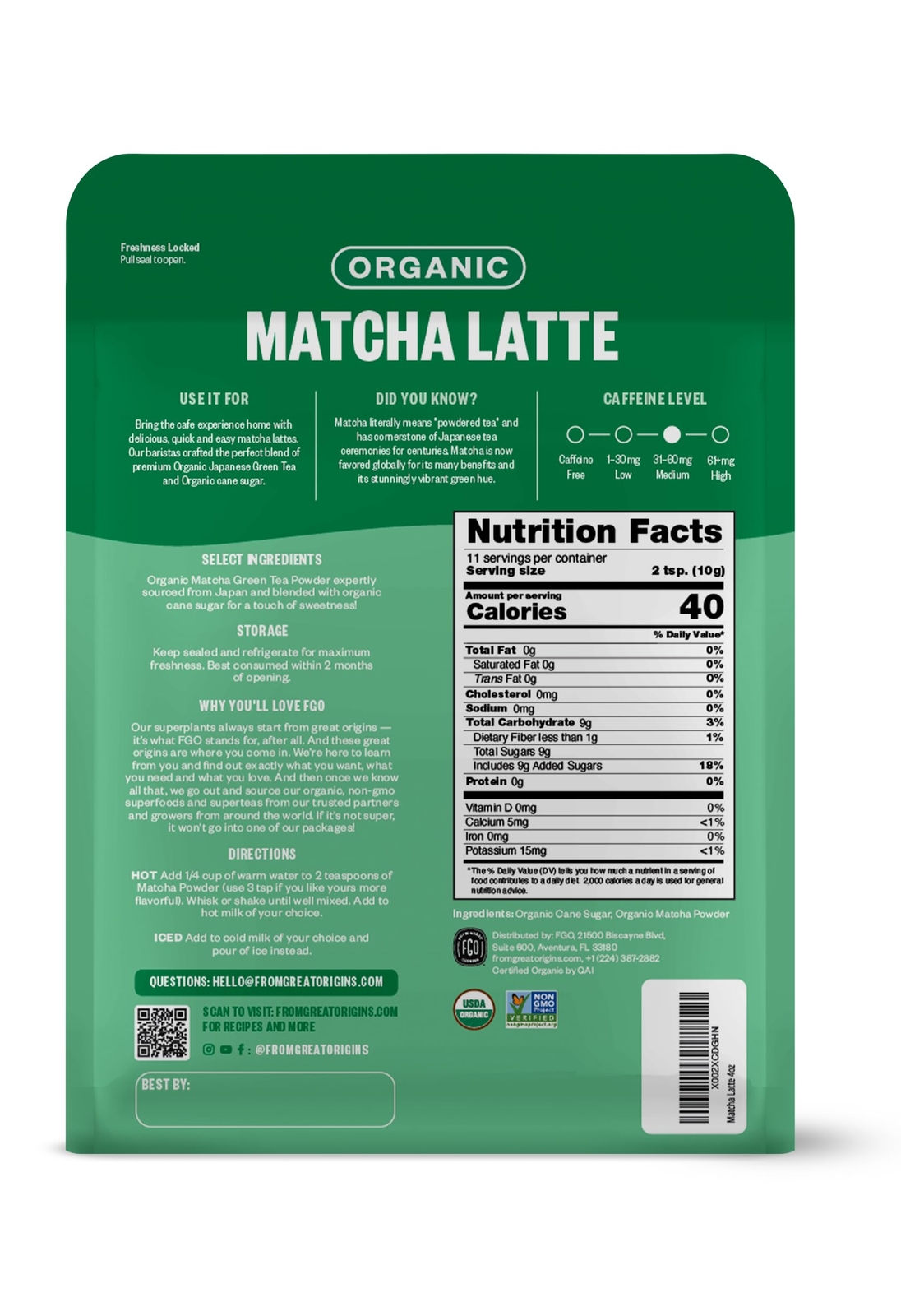 FGO Organic Sweet Matcha Latte Powder 16oz – Japanese Matcha, Brazilian Sugar