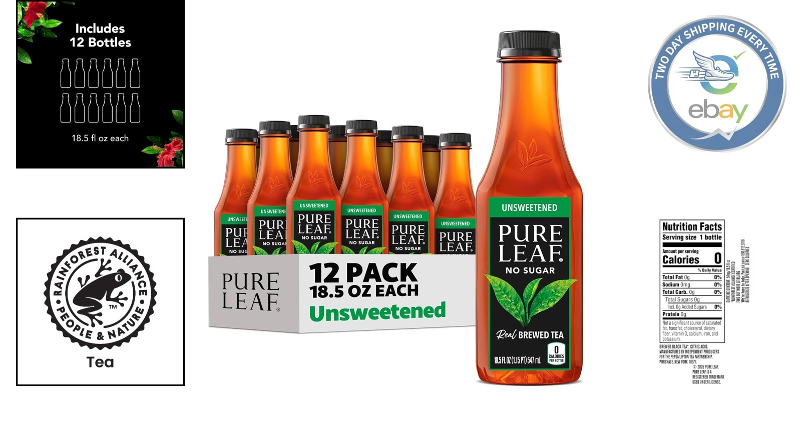 Pure Leaf Unsweetened Iced Tea – Zero Sugar & Zero Calories, 12 Bottles 18.5oz