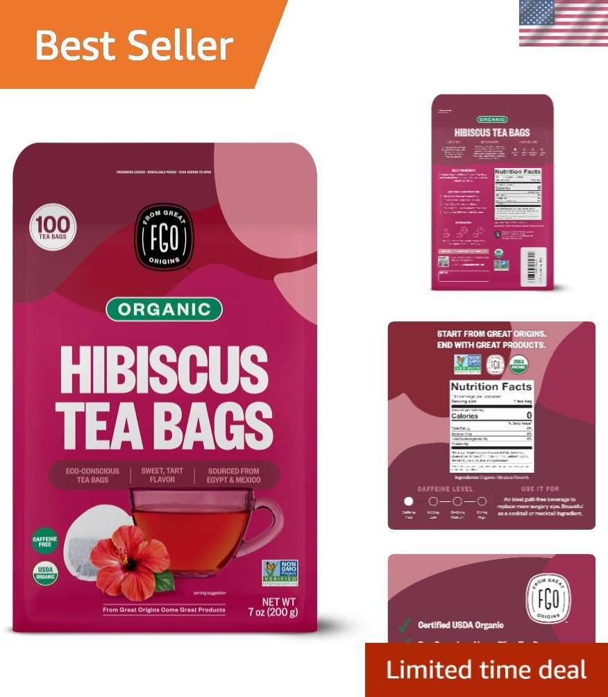 Organic Hibiscus Tea, 100 Count, Eco-Conscious Tea Bags, Caffeine Free, Packa…