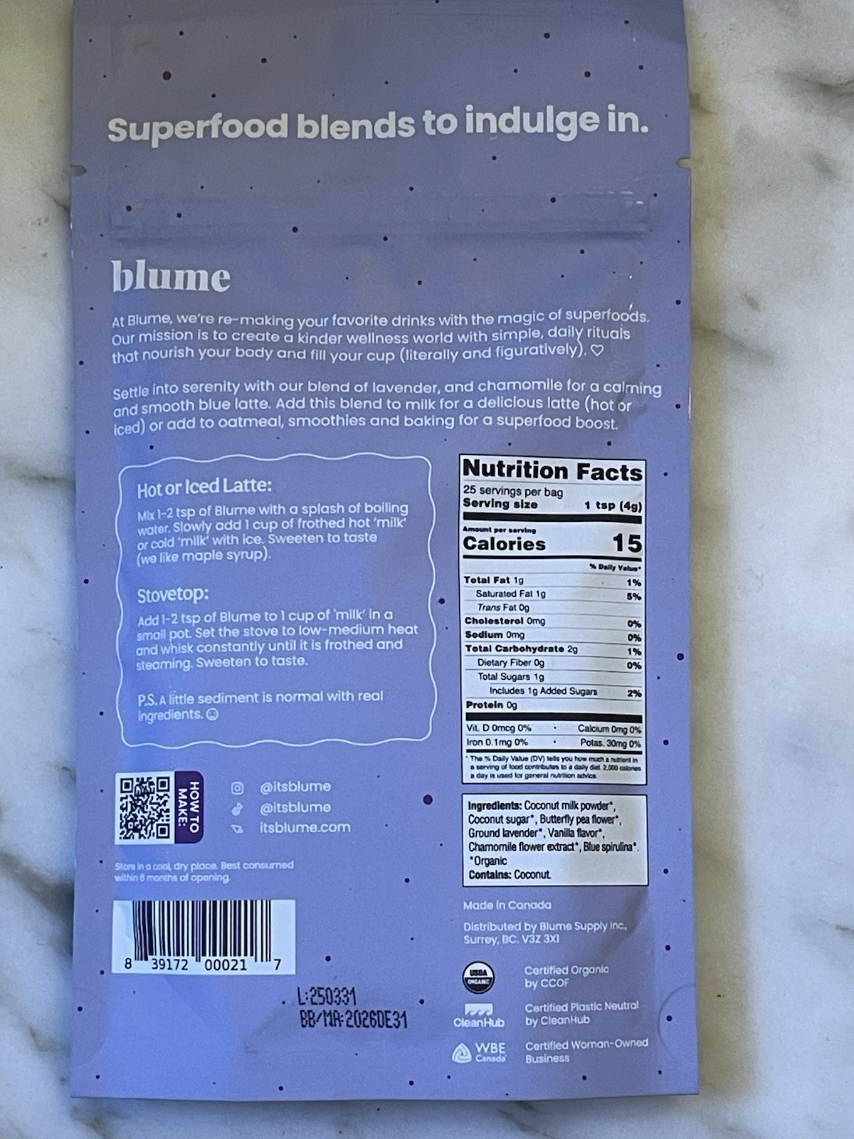 blume Organic Caffeine-Free Blue Lavender Latte Powder25 Servings Vegan 31DEC26