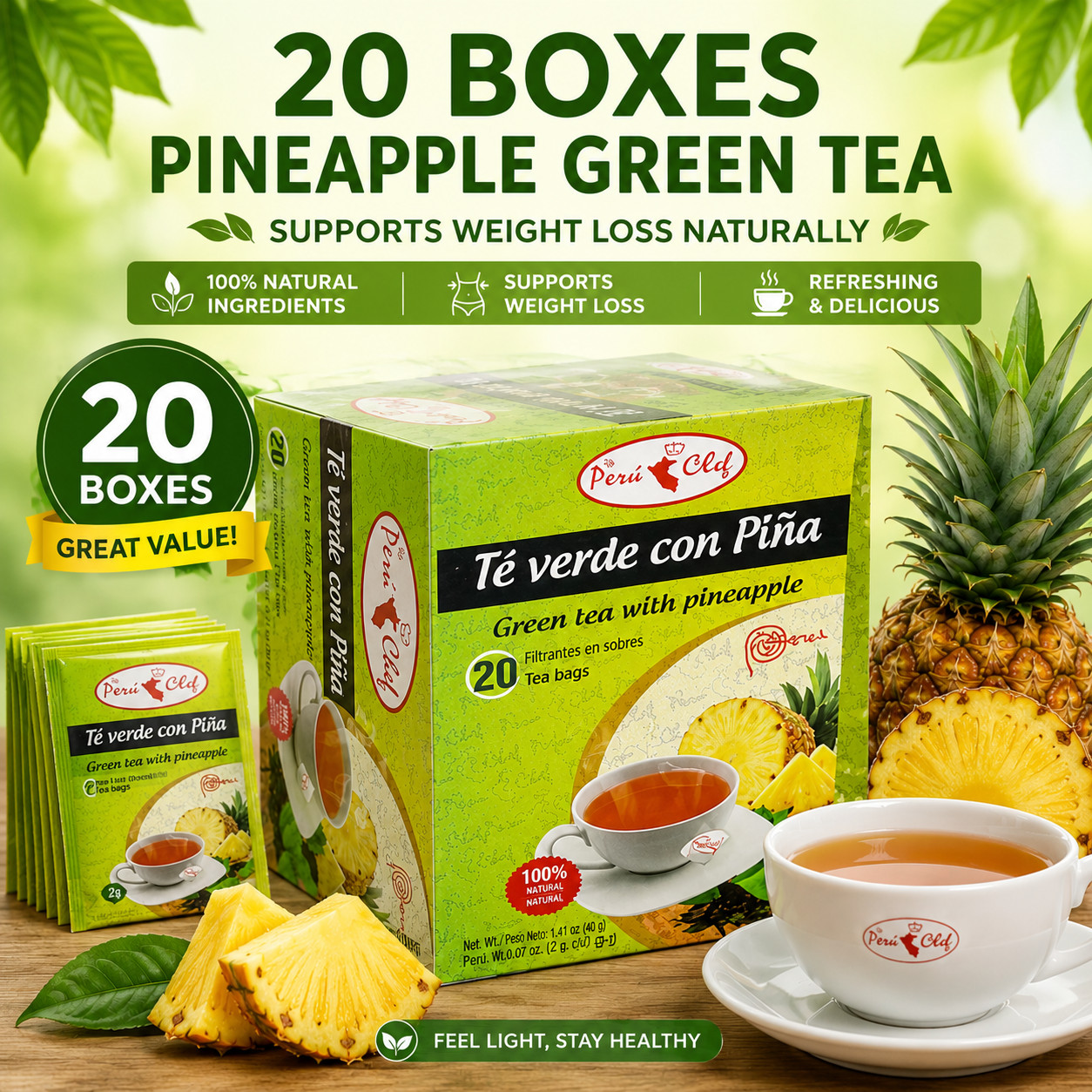 Pineapple Green Tea 20 Boxes Pack | 400 Total Tea Bags | Natural Green Tea with