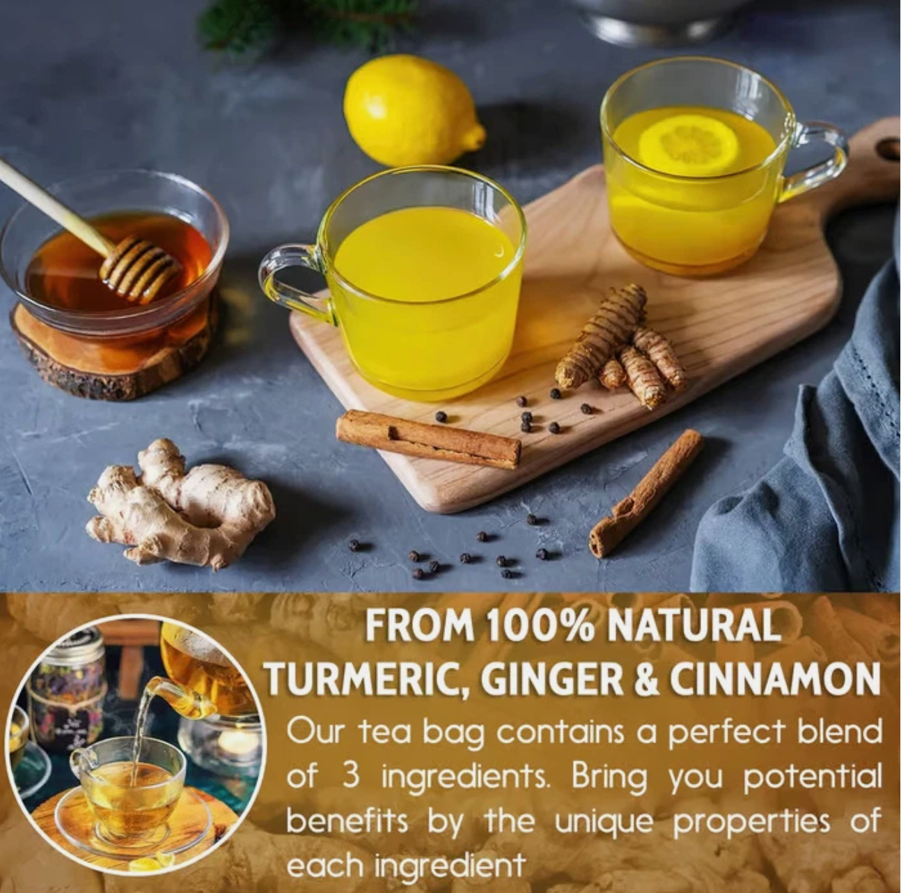120 Premium Turmeric Ginger Cinnamon Tea Bags, 100% Natural &No Additive Support