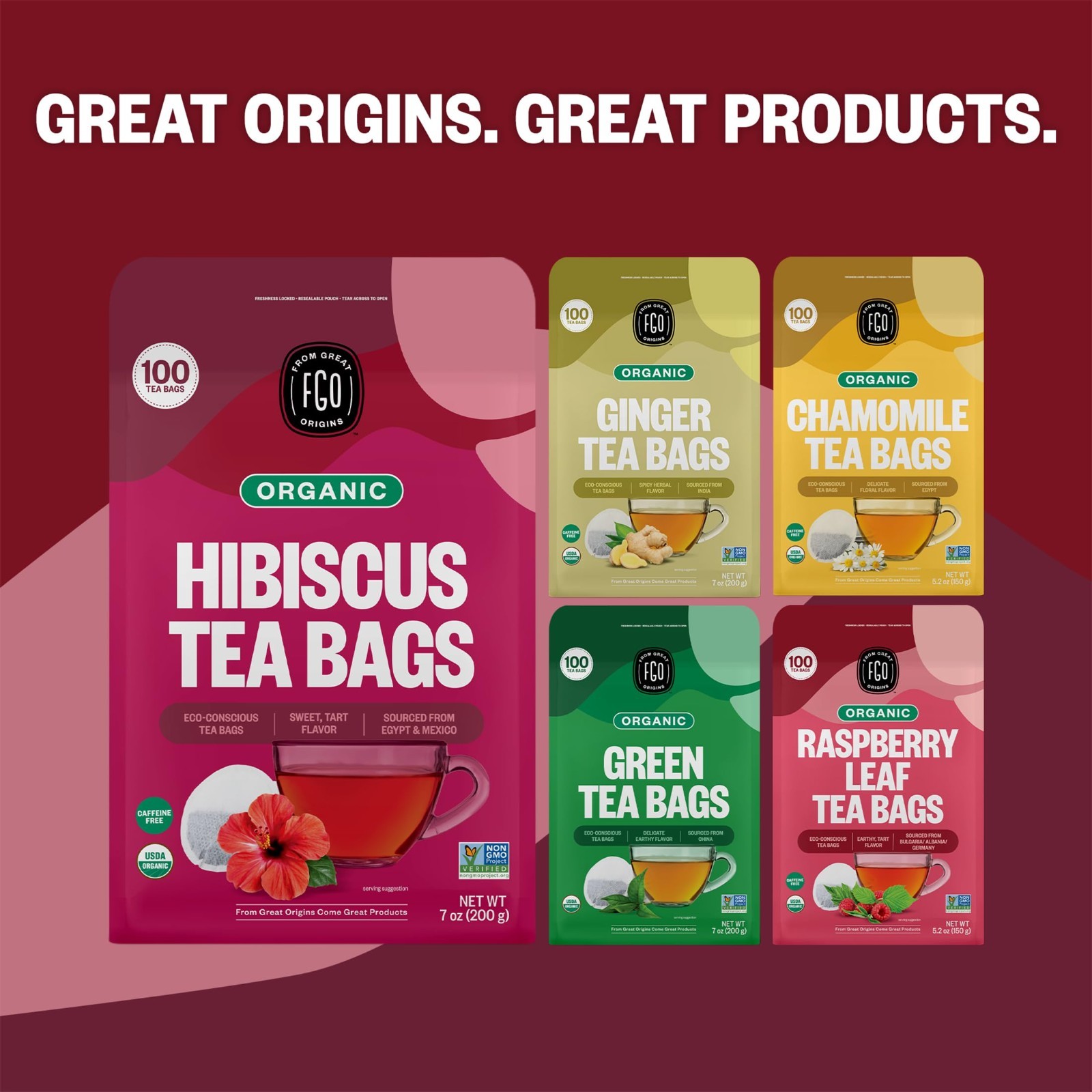 Organic Hibiscus Tea Bags – 100 Count, Caffeine Free, Eco-Friendly Packaging