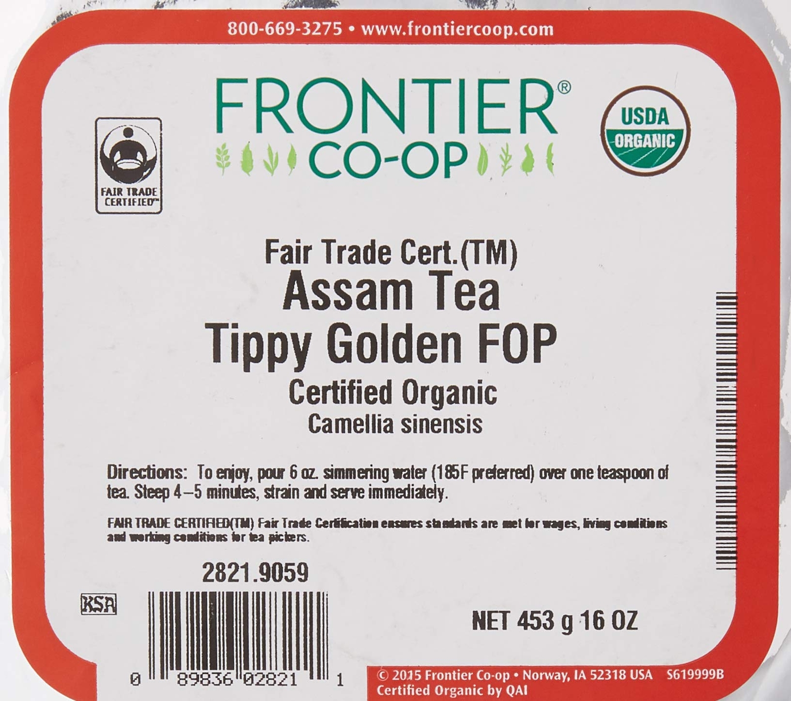 Frontier Co Op Organic Assam Tea TGFOP Black Tea 16 Ounce Fair Trade