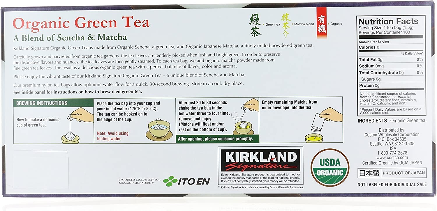 2-PACK Kirkland Organic Japanese Green Tea, Blend Sencha & Matcha 100 bag each