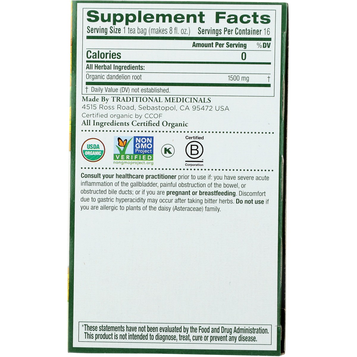 Traditional Medicinals Organic Roasted Dandelion Root Tea 16 Bag 3 Pack