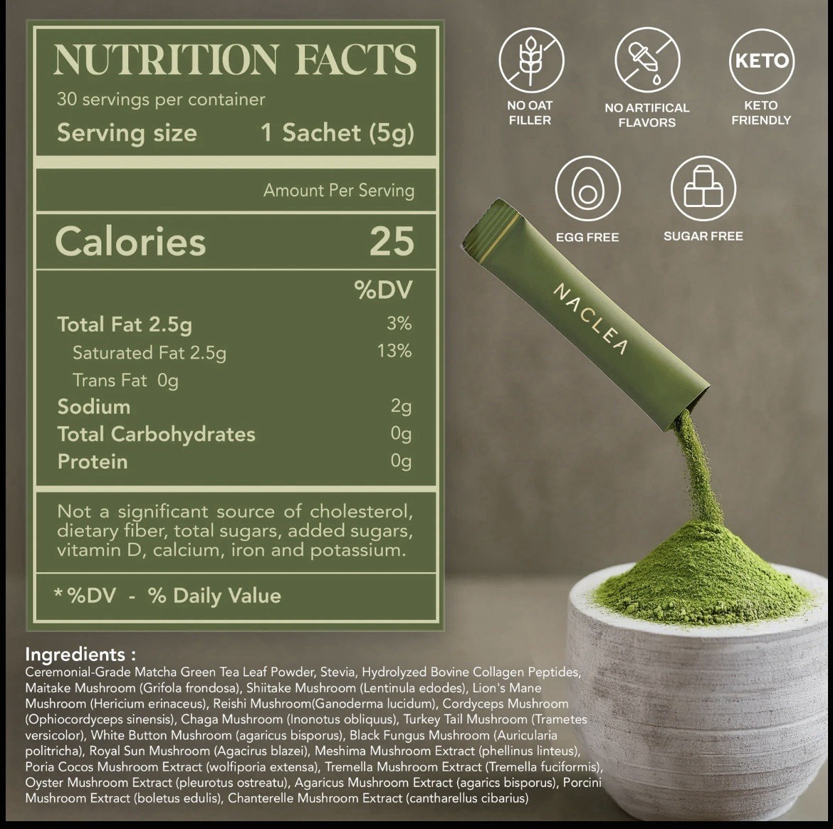 Naclea Mushroom Matcha Drink Mix Powder Sugar Free Japanese Ceremonial Green Tea