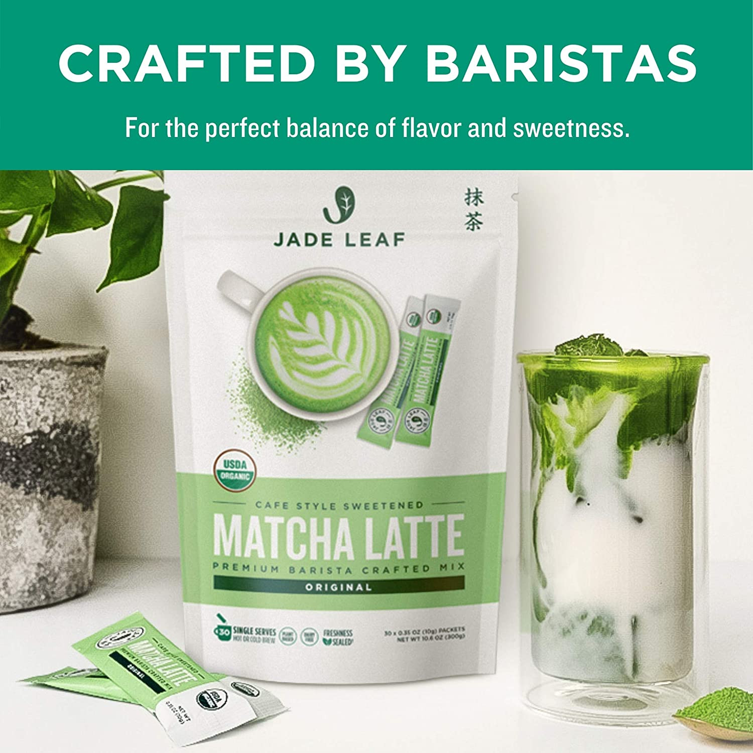 Jade Leaf Matcha Organic Cafe Style Sweetened 10 Count Single Serve Stick Pack