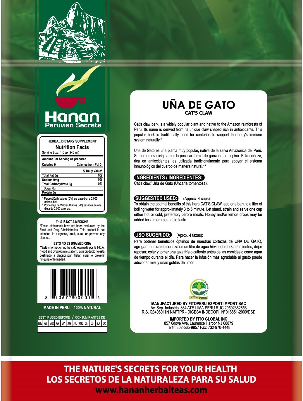 Hanan Peruvian Secrets Una De Gato Herbal Tea | 100% Natural Cat’s Claw Bark