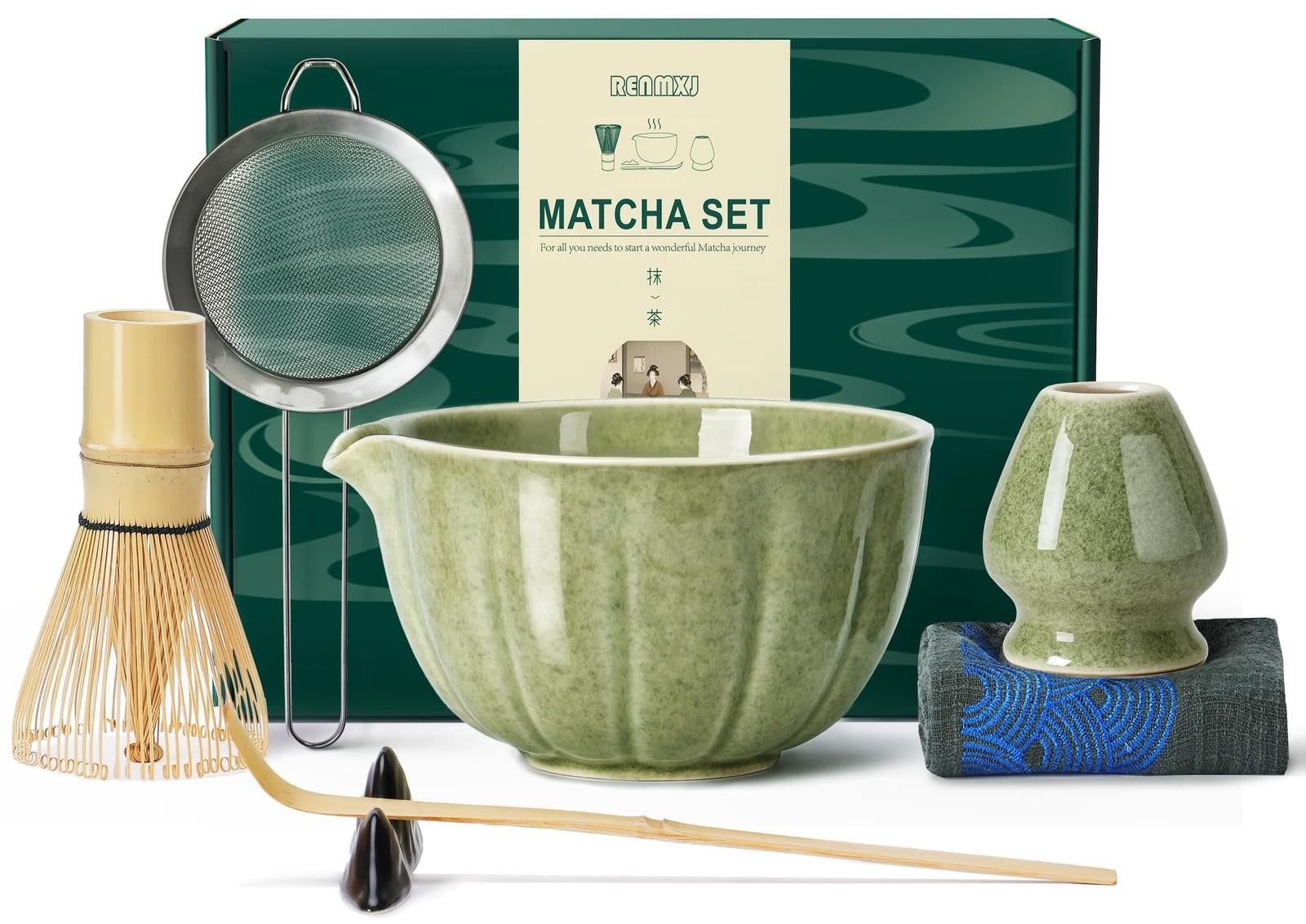 Matcha Whisk Set,7 Pcs Ceramic Matcha Kit Includes Matcha Bowl with Spout Matcha