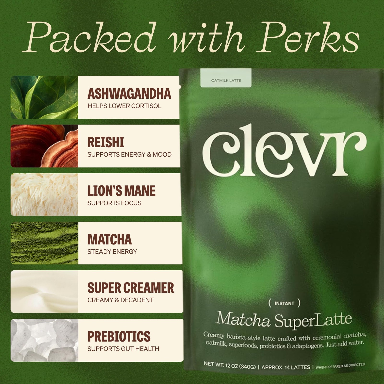 Matcha SuperLatte, Instant Ceremonial Grade, Superfood Powder Blend with Lion…
