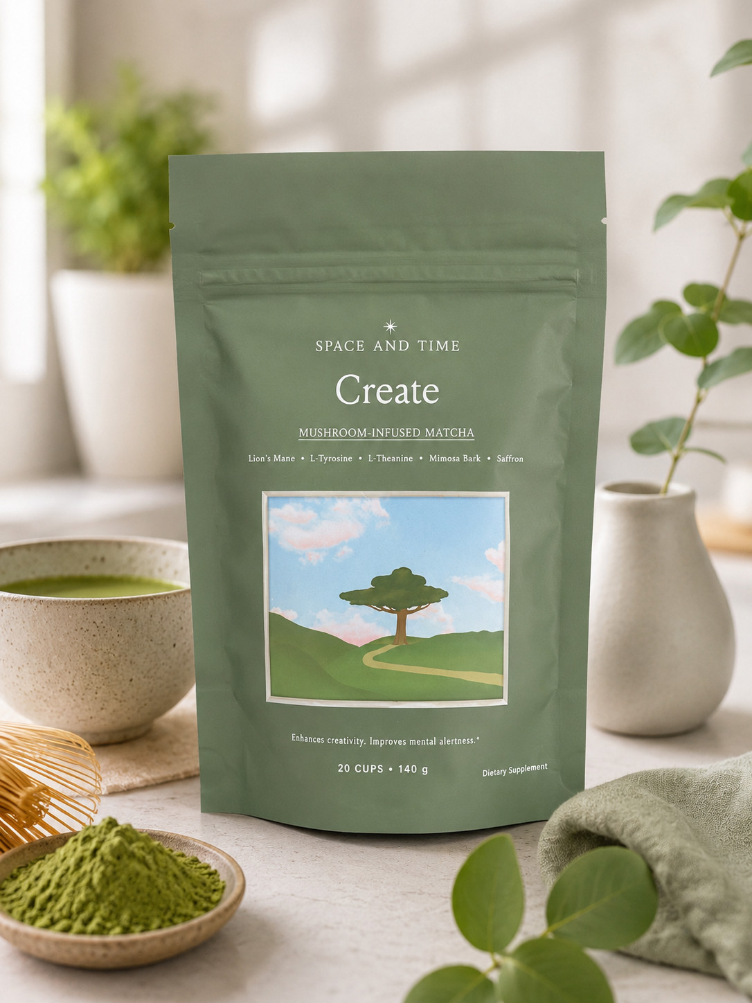 Space and Time Create Mushroom Infused Matcha 20 Cups Lion’s Mane L-Theanine