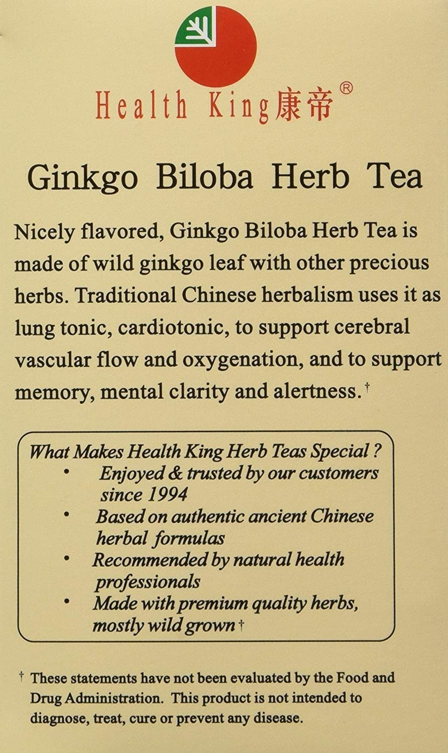 Health King Ginkgo Biloba Herb Tea Bags Natural Herbal Supplement 20 Count