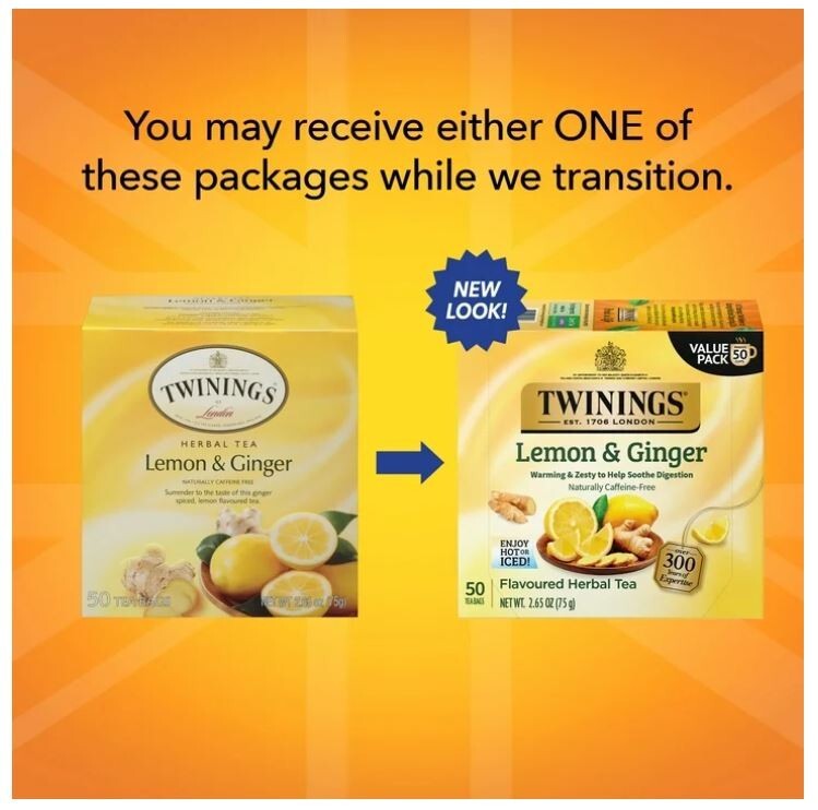 Twinings Lemon & Ginger Herbal Tea Bags, Caffeine Free, 50 Count Box