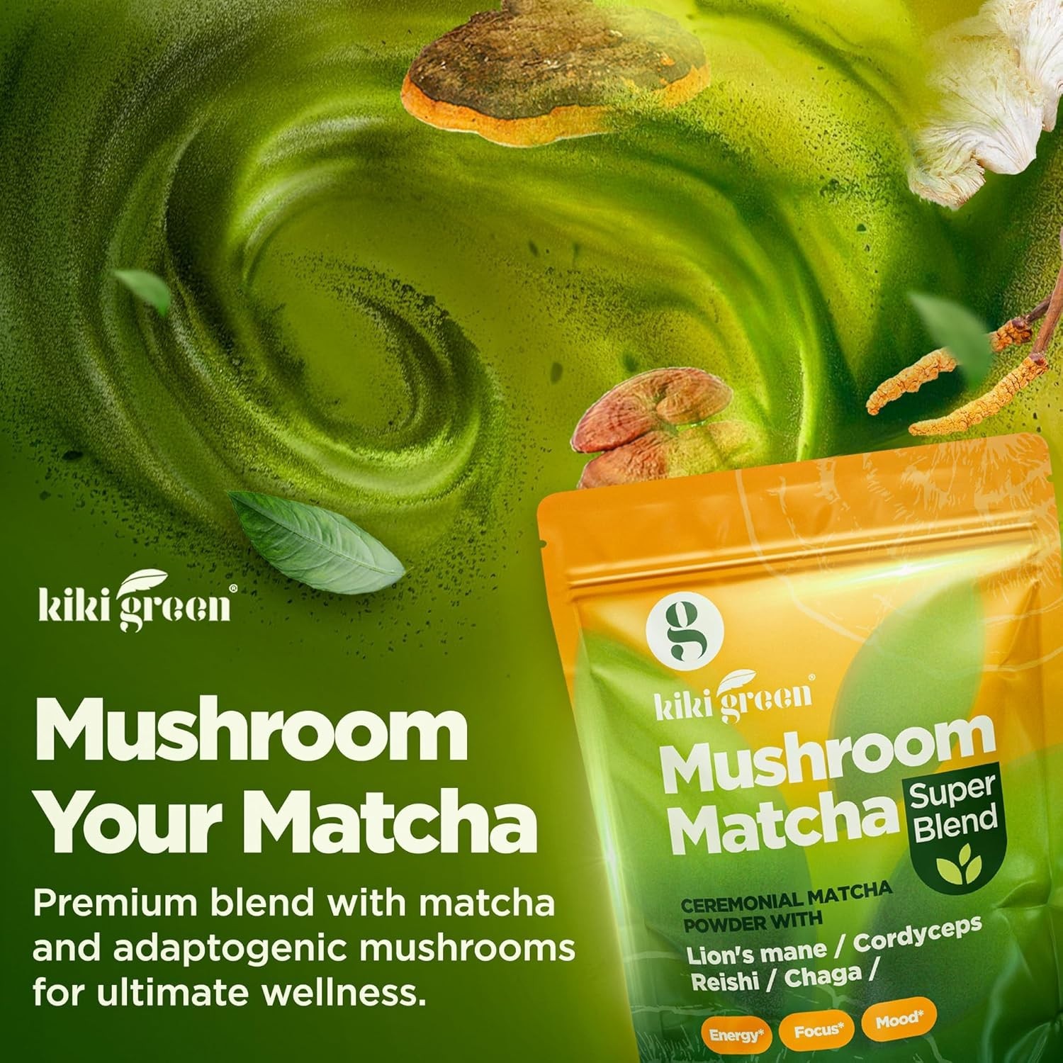 KIKI Green Mushroom Matcha Super Blend – Matcha Powder with Lion’s Mane, Chaga,