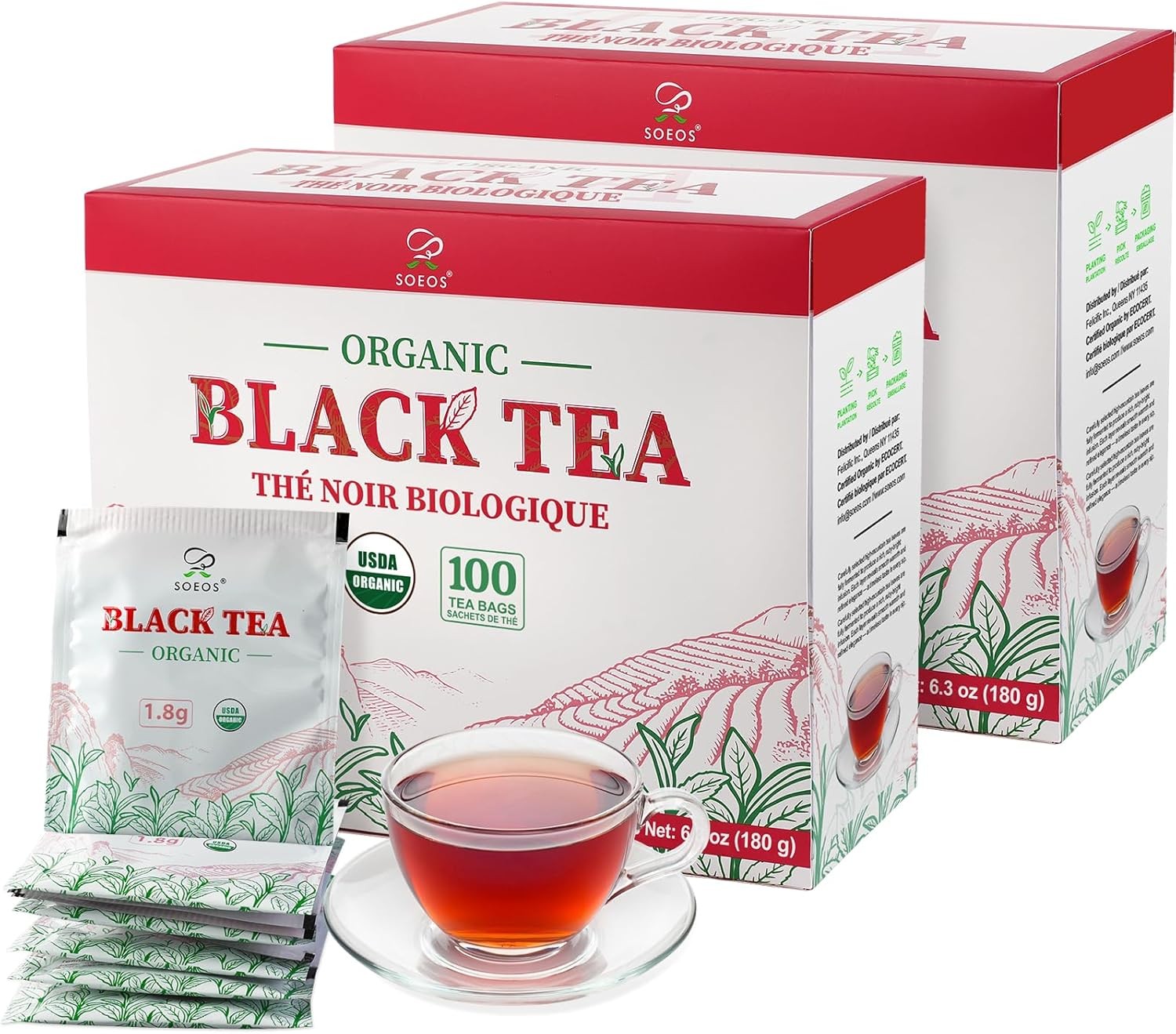 Organic Black Tea Bags, 6.3oz (180g) Pack of 2, Bold Aroma & Smooth Flavor,