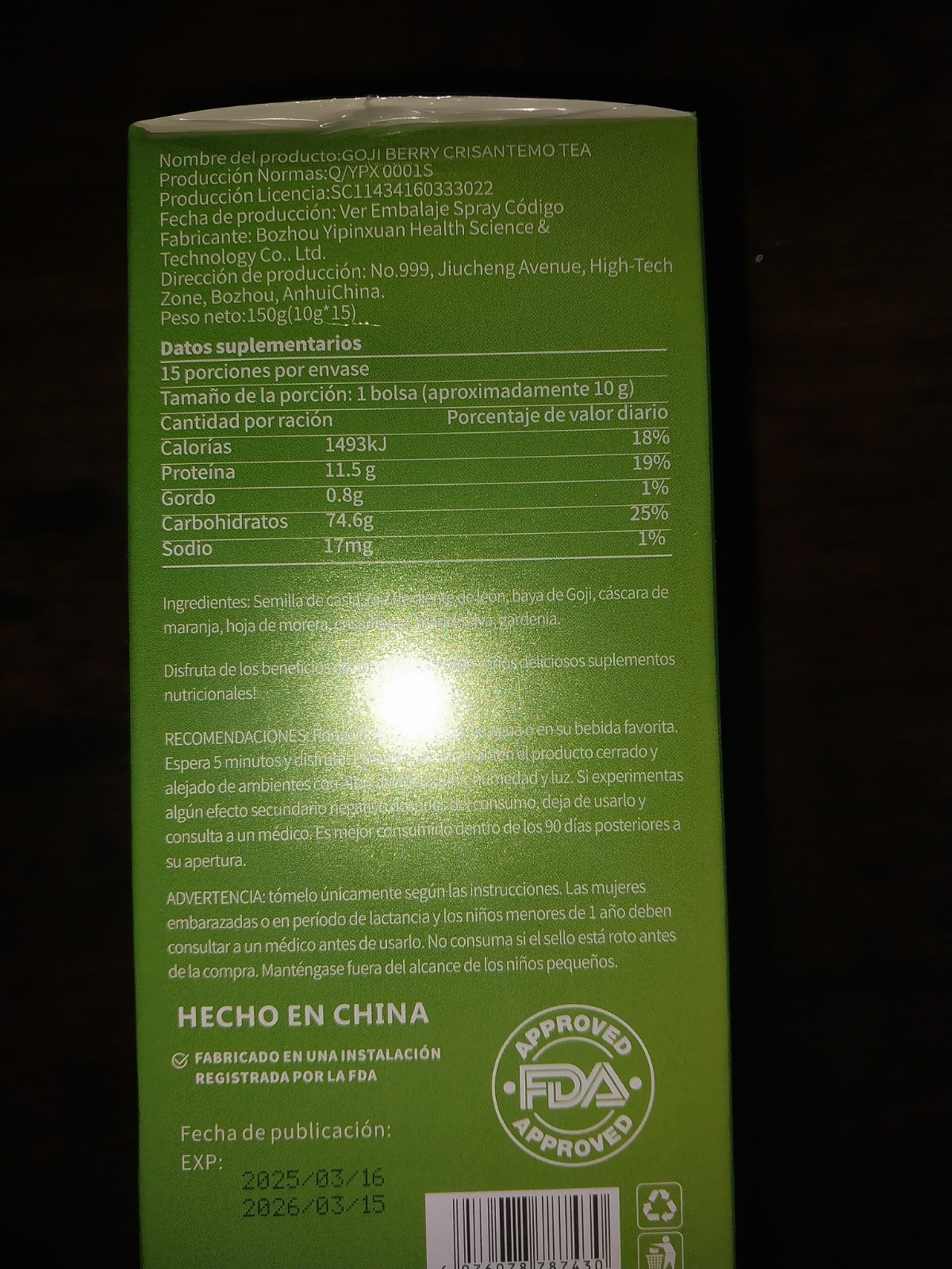 Ben Huatuo Goji Berry Chrysanthemum Tea 150g (15 x 10g Bags) No Sugar Added