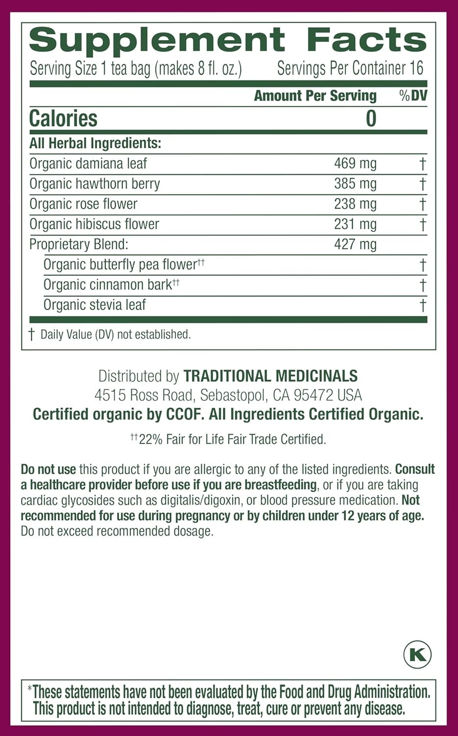 Organic Rosy Mood Tea with Damiana & Butterfly Pea Flower – Mood Support 16 Ct