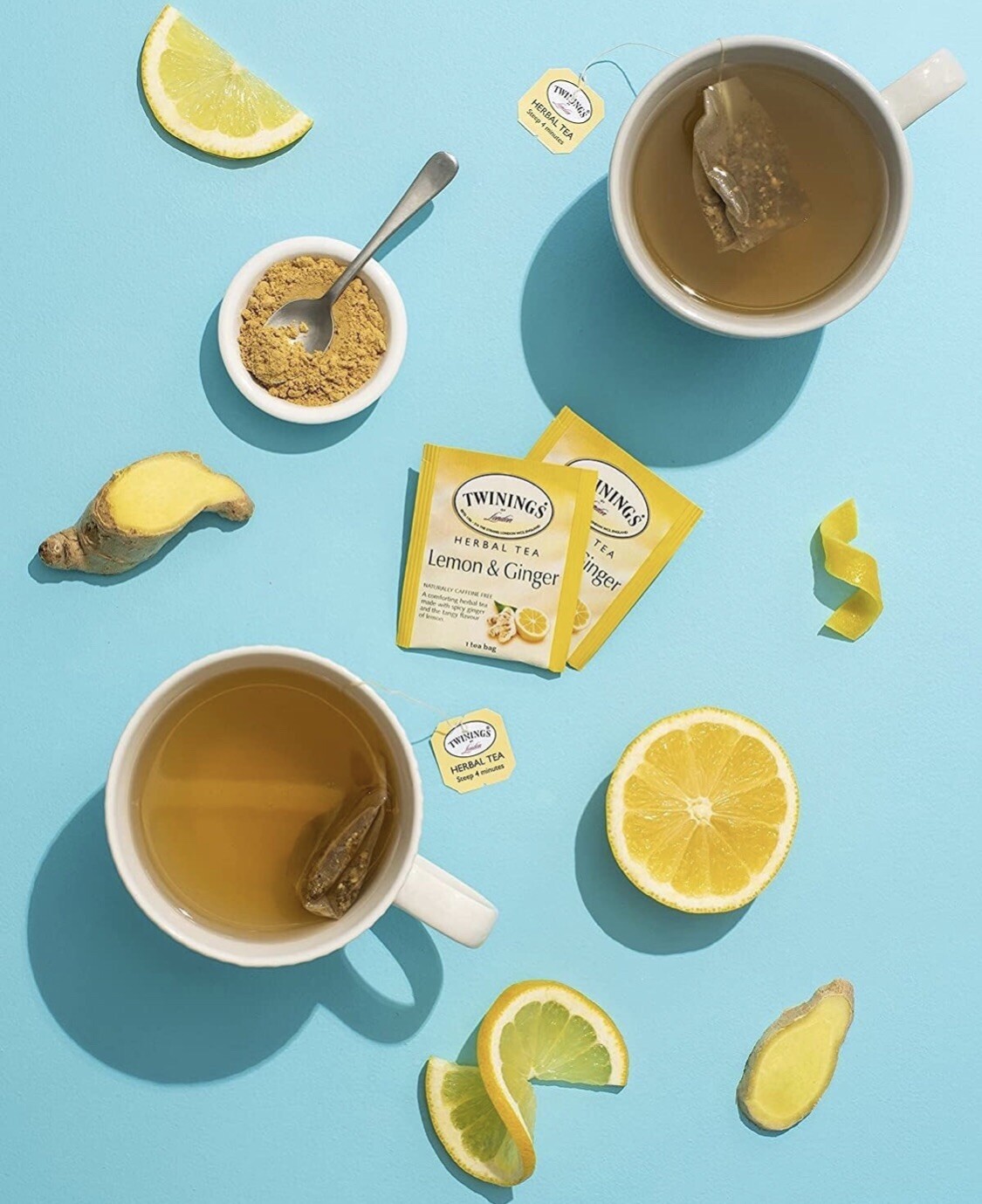 4 Box Twinings Lemon & Ginger Herbal Tea, Caffeine Free 100 Tea Bags 1.32 oz EA