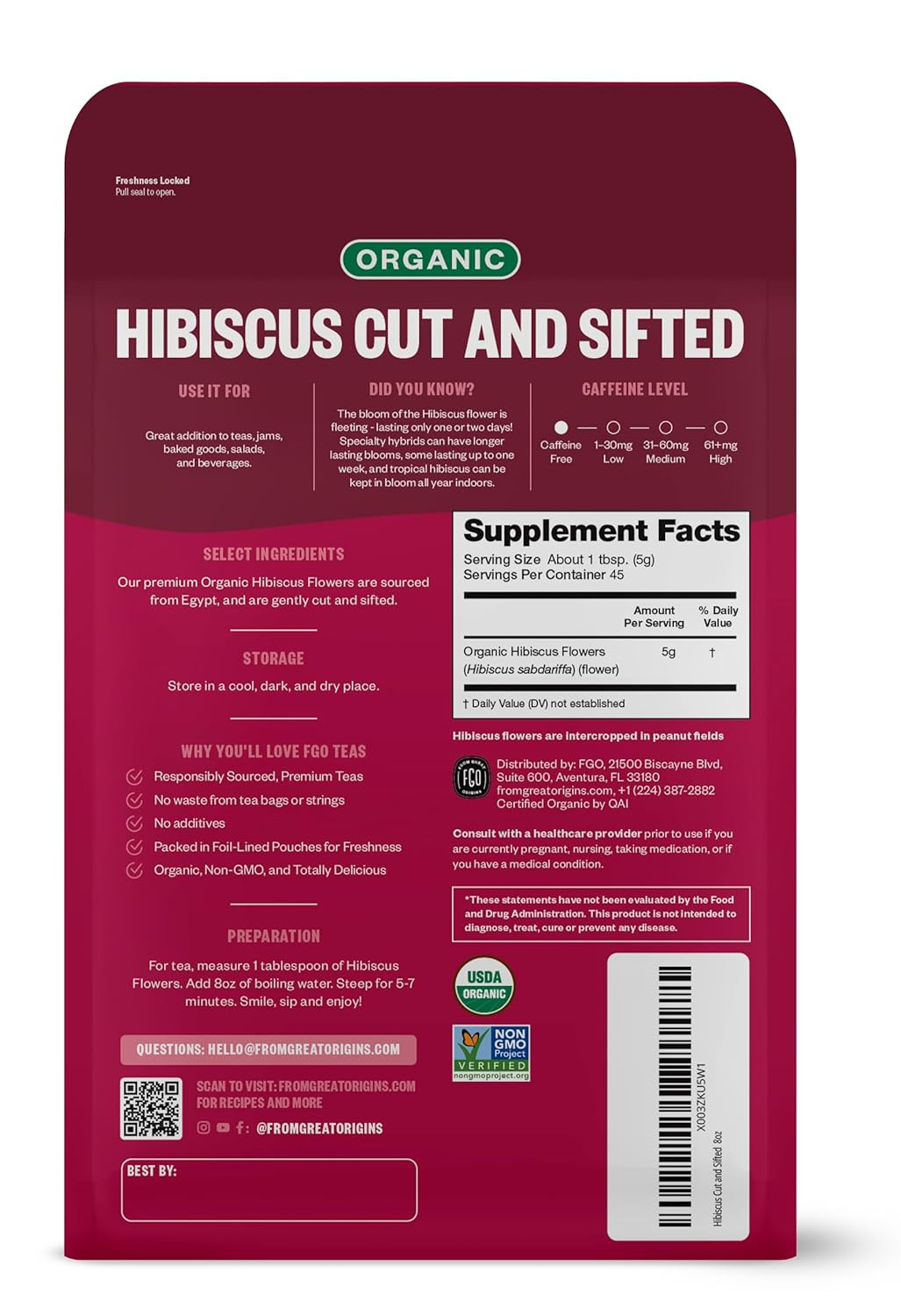 Organic Hibiscus Flowers, Cut and Sifted, Loose Tea, 8Oz Resealable Bag, Packagi
