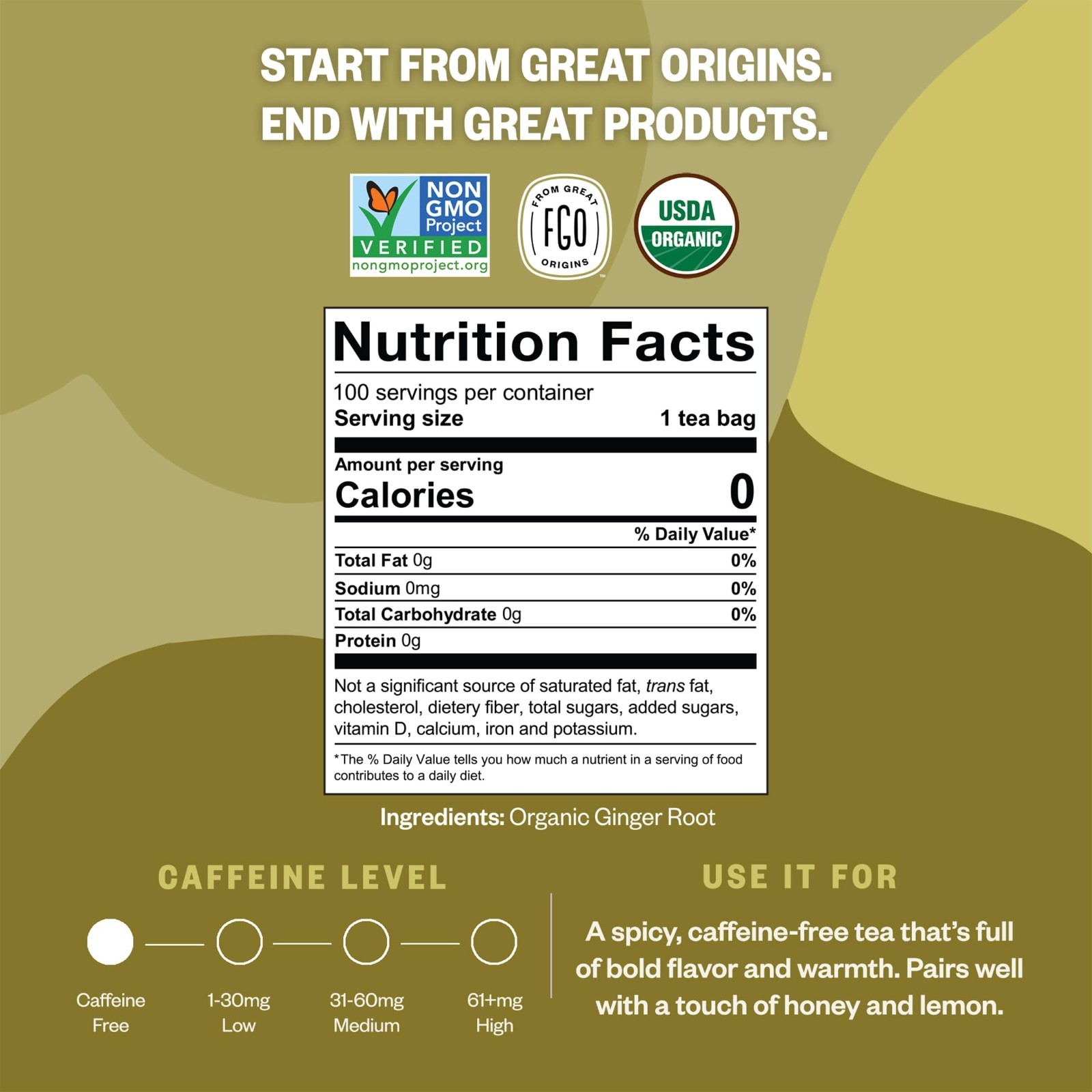 Organic Ginger Tea Bags – 100 Count, Eco-Friendly, Resealable Packaging, Herbal