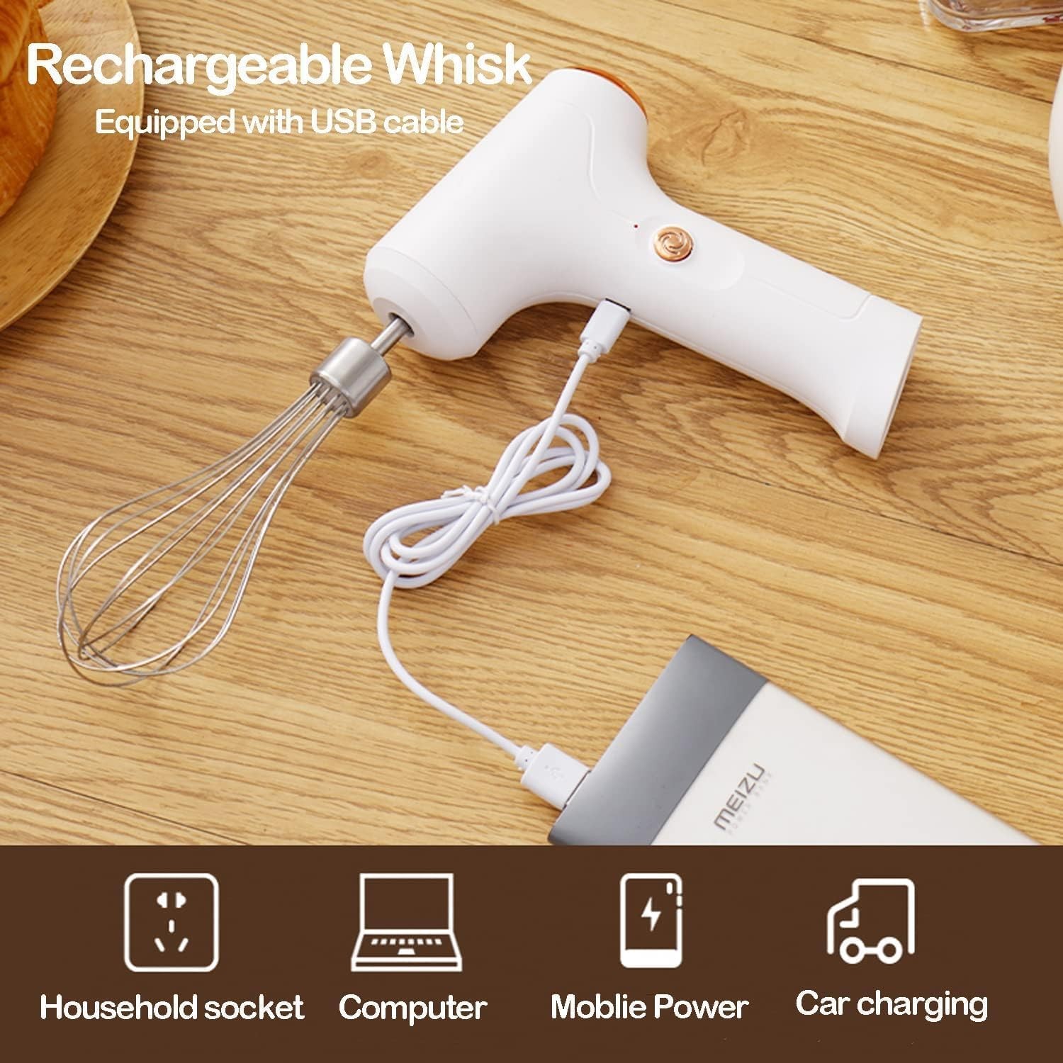 Electric Hand Whisk, USB Rechargeable, Wireless Portable Egg Beater M, White