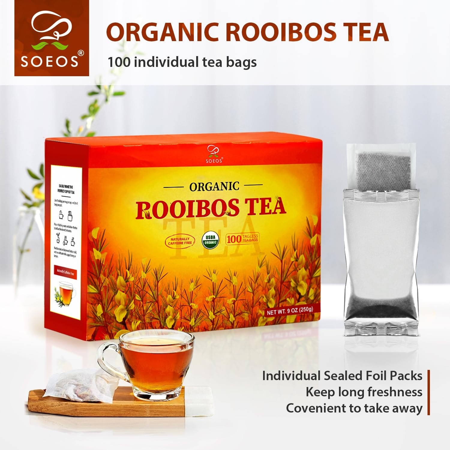 Soeos Organic Rooibos Tea, 100 Teabags, Naturally 100 Count (Pack of 1)
