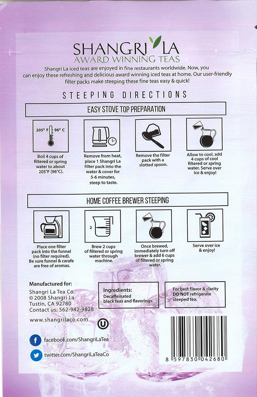 Shangri-La Tea Company Iced Tea Bags, Tropical Passion Decaf, (6 Count)