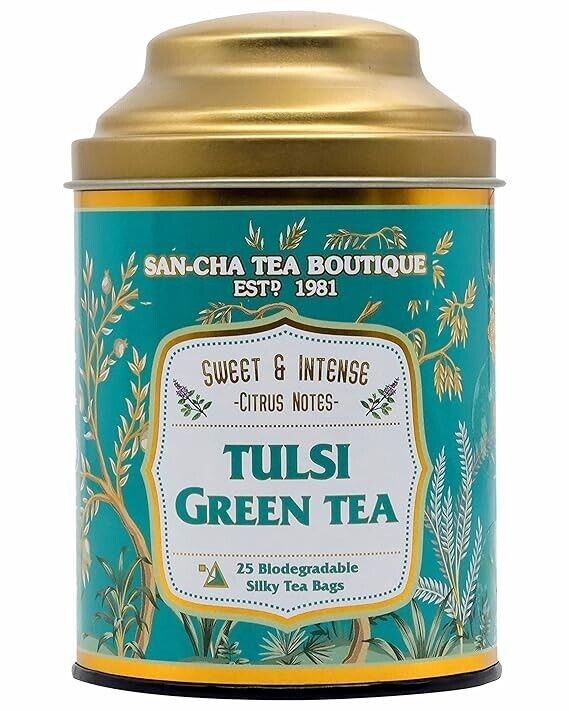 SAN CHA Tulsi Green 25 Pyramid Tea Bags Sweet Citrus Aroma, Natural Detox Tea